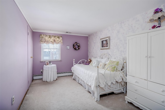 bedroom with light carpet, a baseboard heating unit, and crown molding