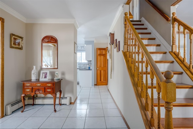 hallway featuring crown molding, a baseboard heating unit, and light tile patterned floors