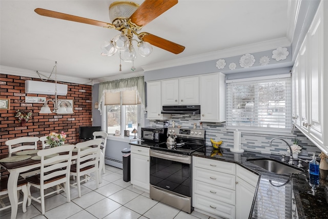 kitchen with white cabinetry, sink, stainless steel electric range, and decorative backsplash