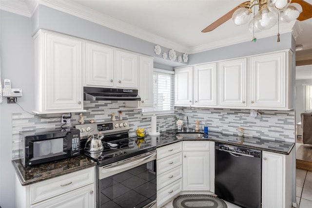 kitchen with sink, white cabinets, and black appliances