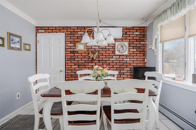 dining room featuring baseboard heating, brick wall, and light tile patterned floors