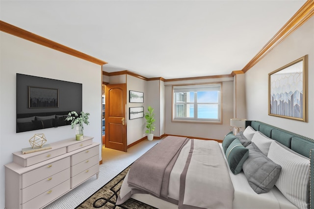 carpeted bedroom featuring crown molding