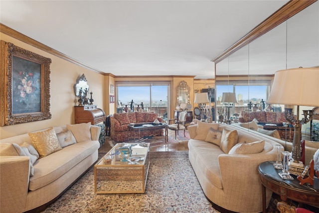 living room with tile patterned flooring, plenty of natural light, and ornamental molding