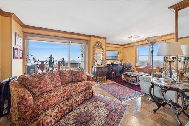 living room featuring crown molding and parquet flooring