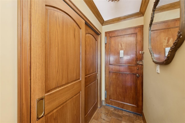 doorway with dark parquet flooring