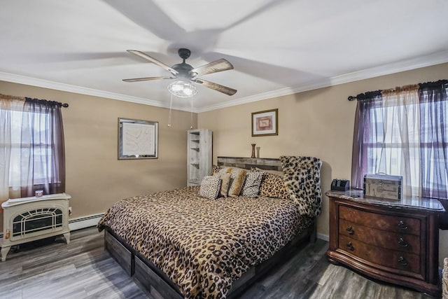 bedroom featuring ceiling fan, hardwood / wood-style flooring, a baseboard heating unit, and ornamental molding