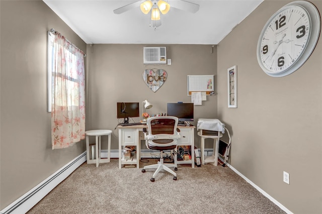 office with baseboard heating, carpet floors, and ceiling fan