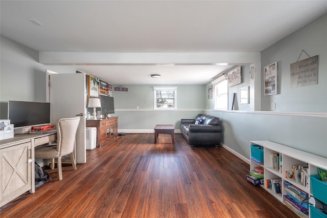 home office with dark wood-type flooring