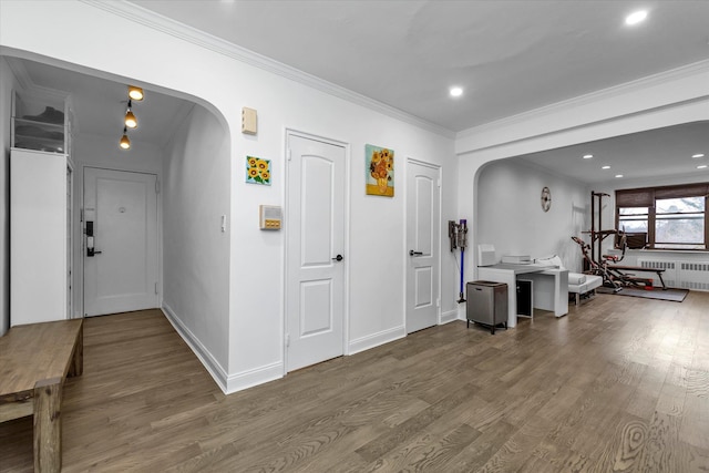 hallway featuring hardwood / wood-style floors, radiator, and crown molding