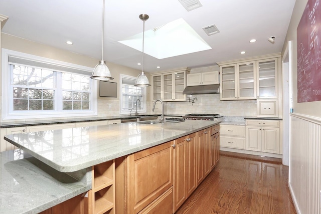 kitchen with light stone counters, decorative light fixtures, a spacious island, hardwood / wood-style floors, and sink