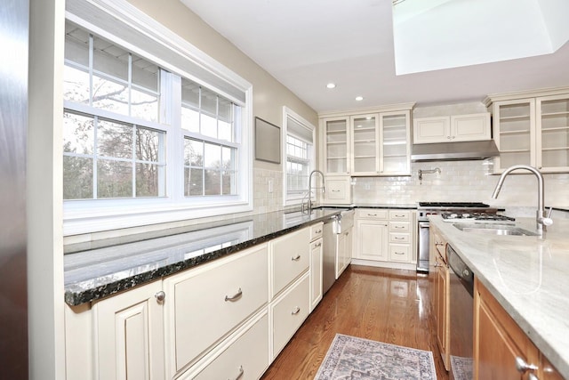 kitchen with sink, dark stone countertops, tasteful backsplash, dark hardwood / wood-style floors, and appliances with stainless steel finishes