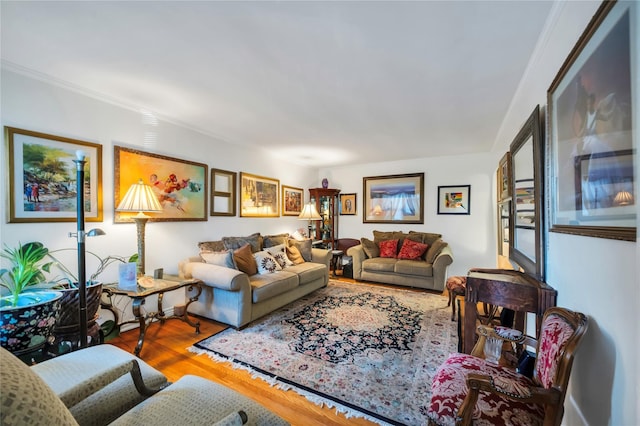 living room with ornamental molding and wood-type flooring