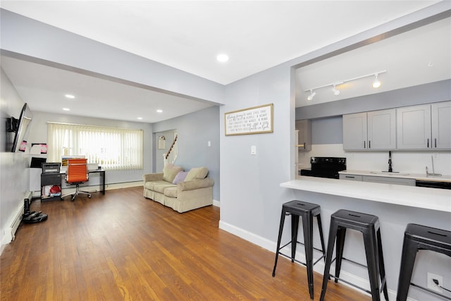 kitchen with gray cabinets, wood-type flooring, a breakfast bar, sink, and black / electric stove