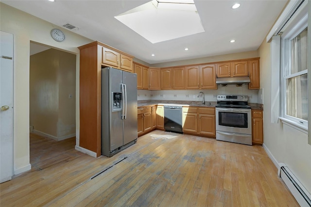 kitchen featuring stainless steel appliances, sink, light hardwood / wood-style floors, a skylight, and baseboard heating