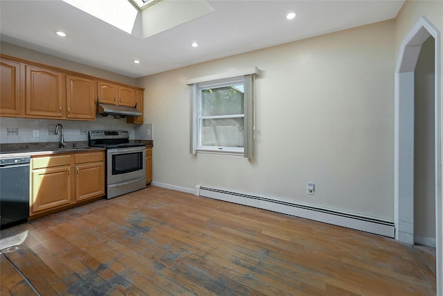 kitchen with dishwasher, decorative backsplash, a skylight, electric range, and baseboard heating