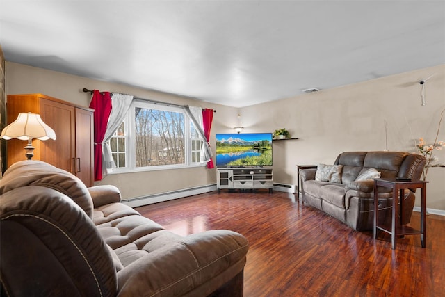 living room featuring dark wood-type flooring and baseboard heating