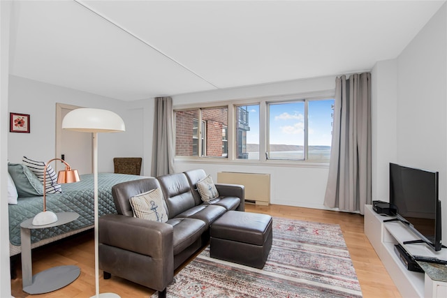 living room featuring radiator heating unit and light hardwood / wood-style floors