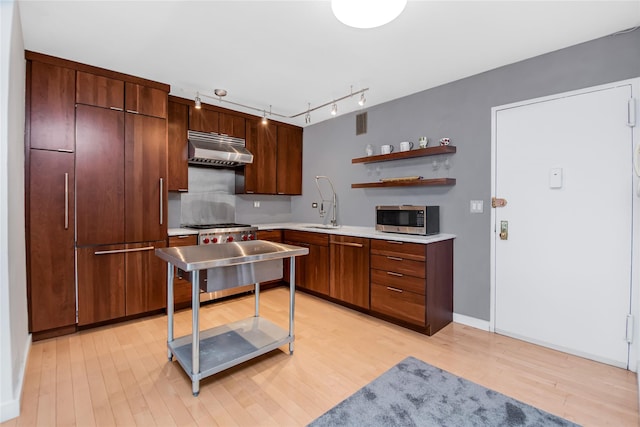 kitchen featuring appliances with stainless steel finishes, rail lighting, light hardwood / wood-style flooring, and sink