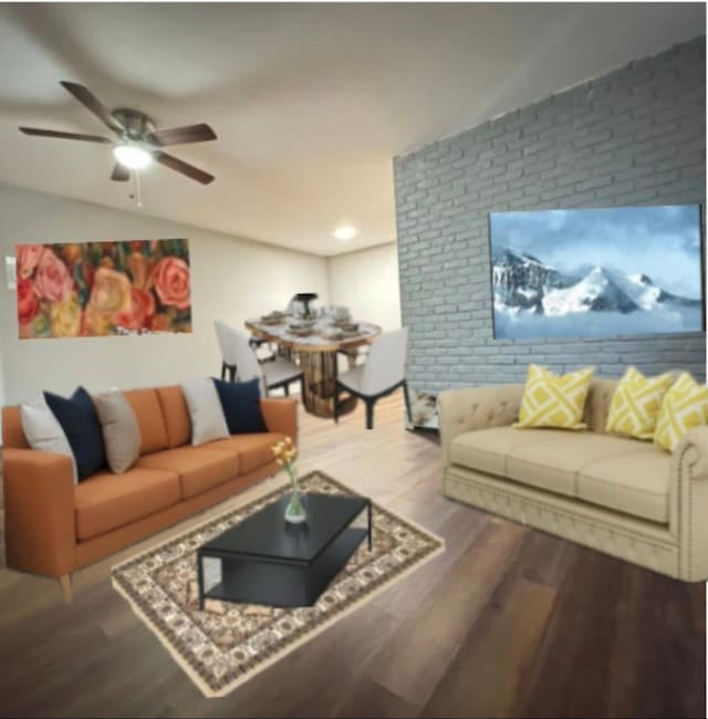 living room with vaulted ceiling, light hardwood / wood-style floors, ceiling fan, and brick wall