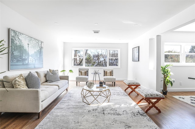 living room featuring dark wood-type flooring