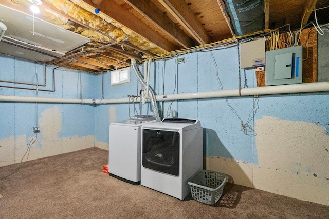 laundry room featuring electric panel, separate washer and dryer, and carpet floors