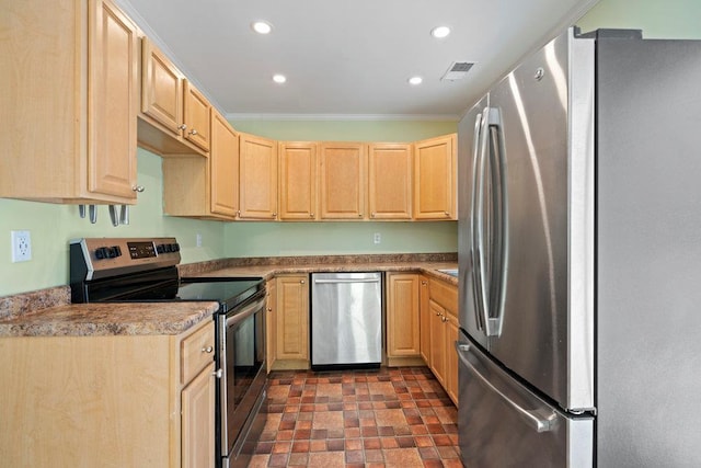 kitchen with crown molding, appliances with stainless steel finishes, and light brown cabinets