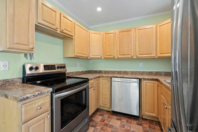 kitchen with crown molding, stainless steel appliances, and light brown cabinetry