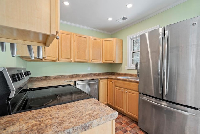 kitchen featuring crown molding, stainless steel appliances, light brown cabinetry, and sink