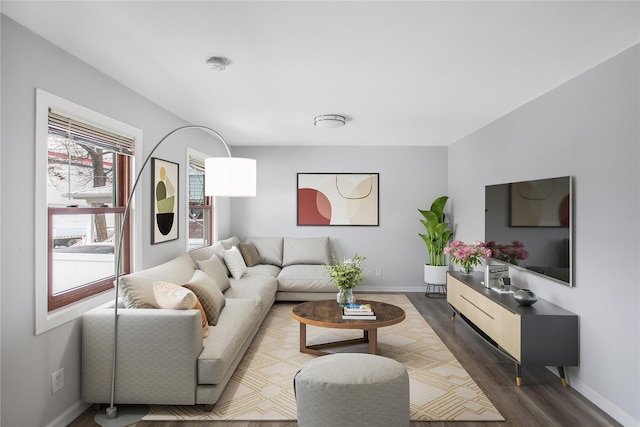 living room with dark hardwood / wood-style floors