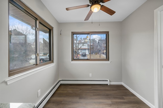 empty room with ceiling fan, dark hardwood / wood-style floors, and a baseboard radiator