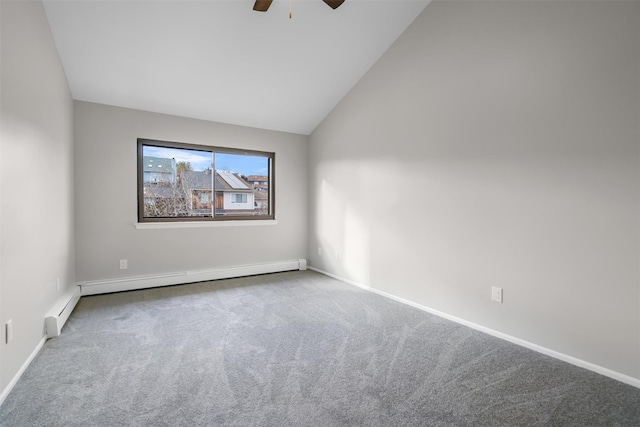 empty room featuring carpet floors, a baseboard heating unit, lofted ceiling, and ceiling fan