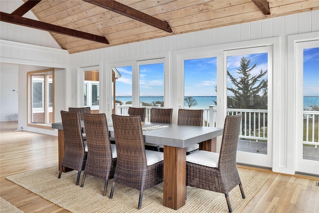 sunroom with wooden ceiling, lofted ceiling with beams, and a water view