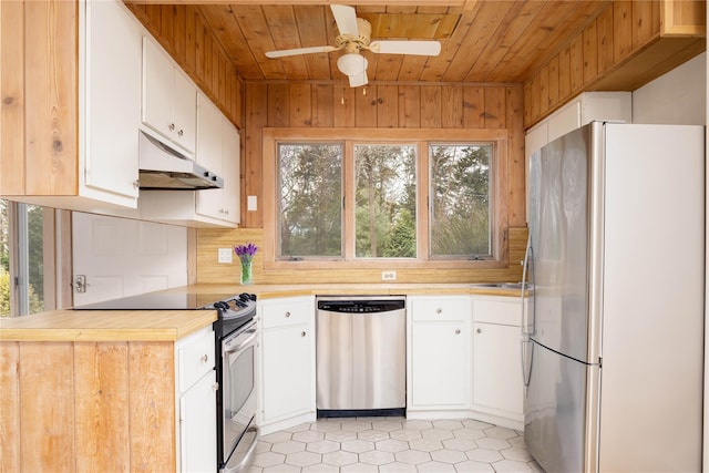 kitchen with appliances with stainless steel finishes, wood ceiling, white cabinetry, and wooden walls