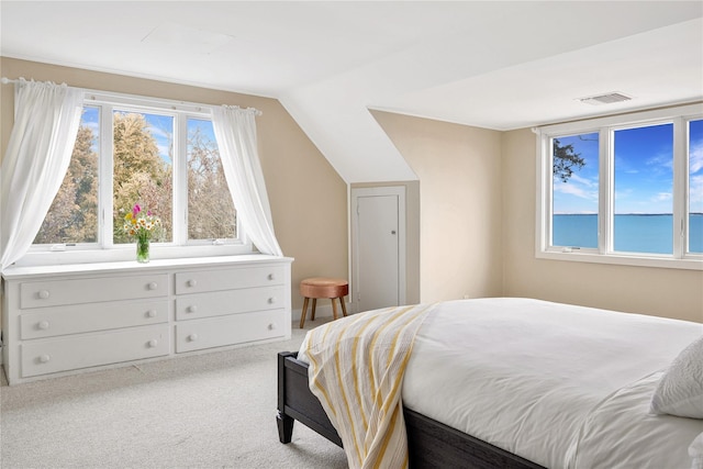 carpeted bedroom featuring lofted ceiling