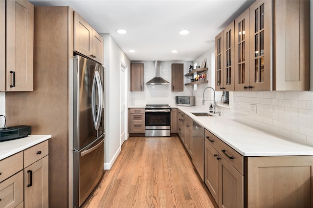 kitchen featuring stainless steel appliances, sink, wall chimney exhaust hood, light hardwood / wood-style flooring, and decorative backsplash