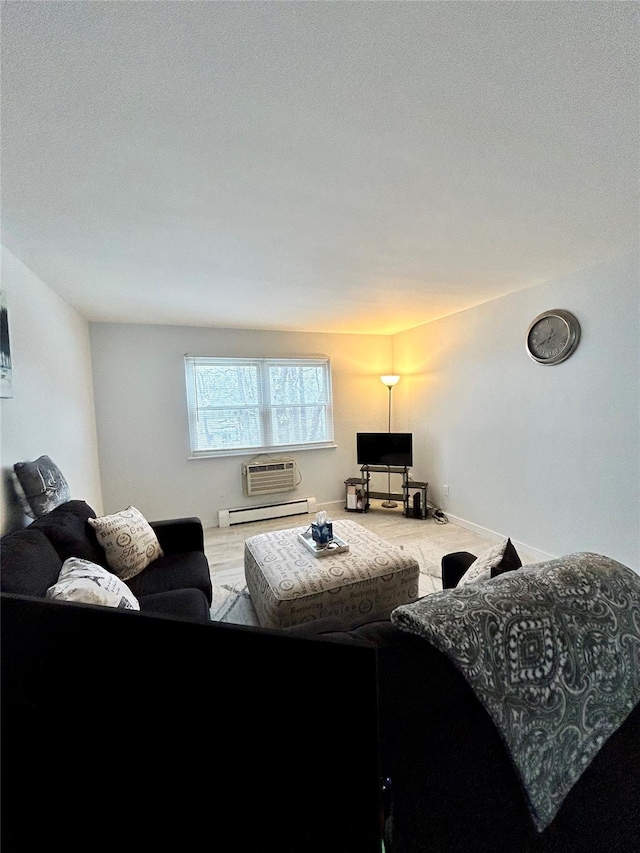 living room featuring a baseboard radiator and a textured ceiling