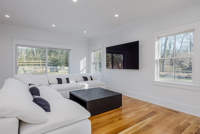 living room featuring hardwood / wood-style flooring, a wealth of natural light, and crown molding