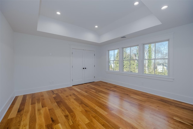 spare room featuring light hardwood / wood-style flooring and a raised ceiling