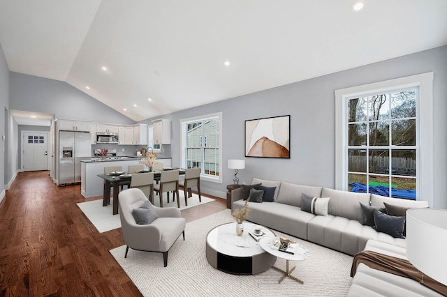 living room featuring lofted ceiling and dark wood-type flooring