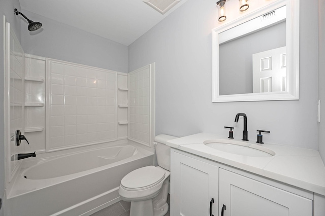 full bathroom featuring shower / bathtub combination, toilet, and vanity