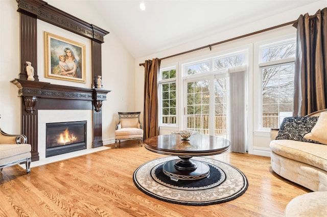 sitting room with lofted ceiling and light wood-type flooring