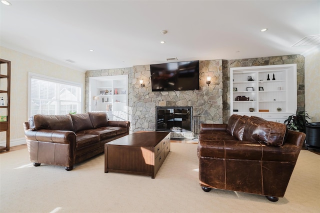 living room featuring a fireplace and light carpet