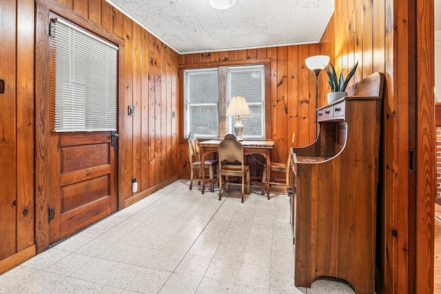 office space with ornamental molding and wood walls