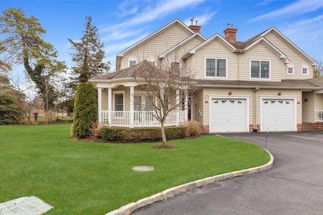 view of front of property with covered porch, a front yard, and a garage