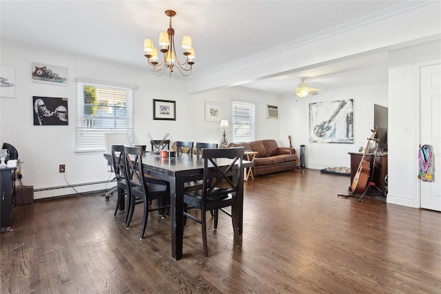 dining area with a wall unit AC, a baseboard radiator, dark hardwood / wood-style flooring, ceiling fan with notable chandelier, and ornamental molding