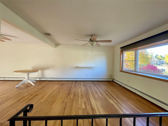 interior space featuring beamed ceiling, a baseboard heating unit, ceiling fan, and wood-type flooring