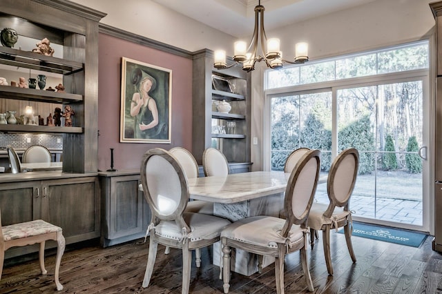 dining room with dark wood-type flooring, an inviting chandelier, and built in features