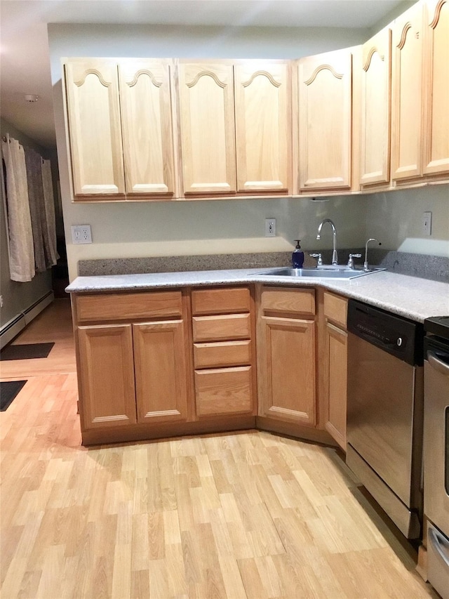 kitchen with sink, light hardwood / wood-style flooring, light brown cabinetry, and stainless steel dishwasher