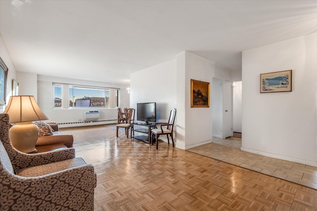 living room featuring a baseboard radiator and light parquet floors