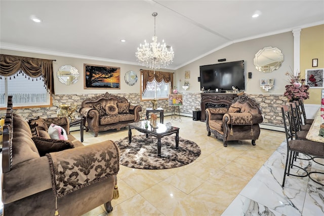 living room featuring an inviting chandelier, ornamental molding, lofted ceiling, and decorative columns